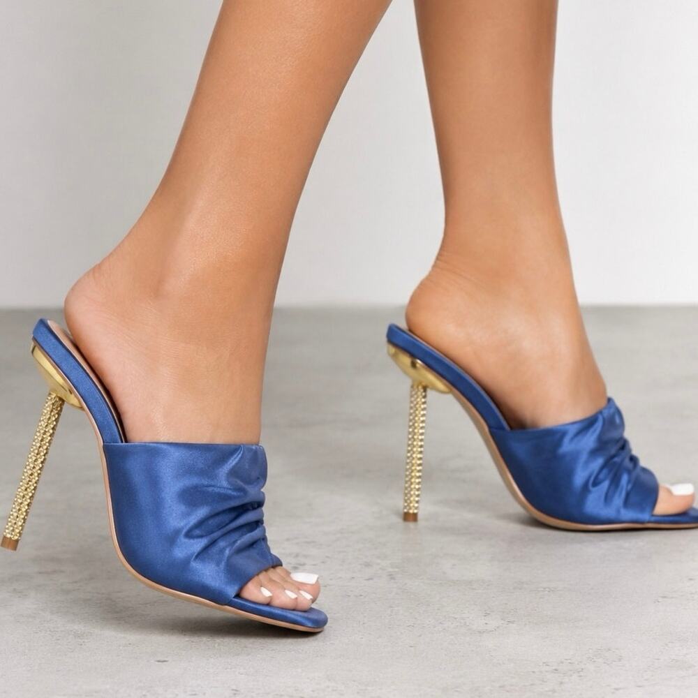 Blue satin Quin ruched square-toe mule stiletto metal heel 6